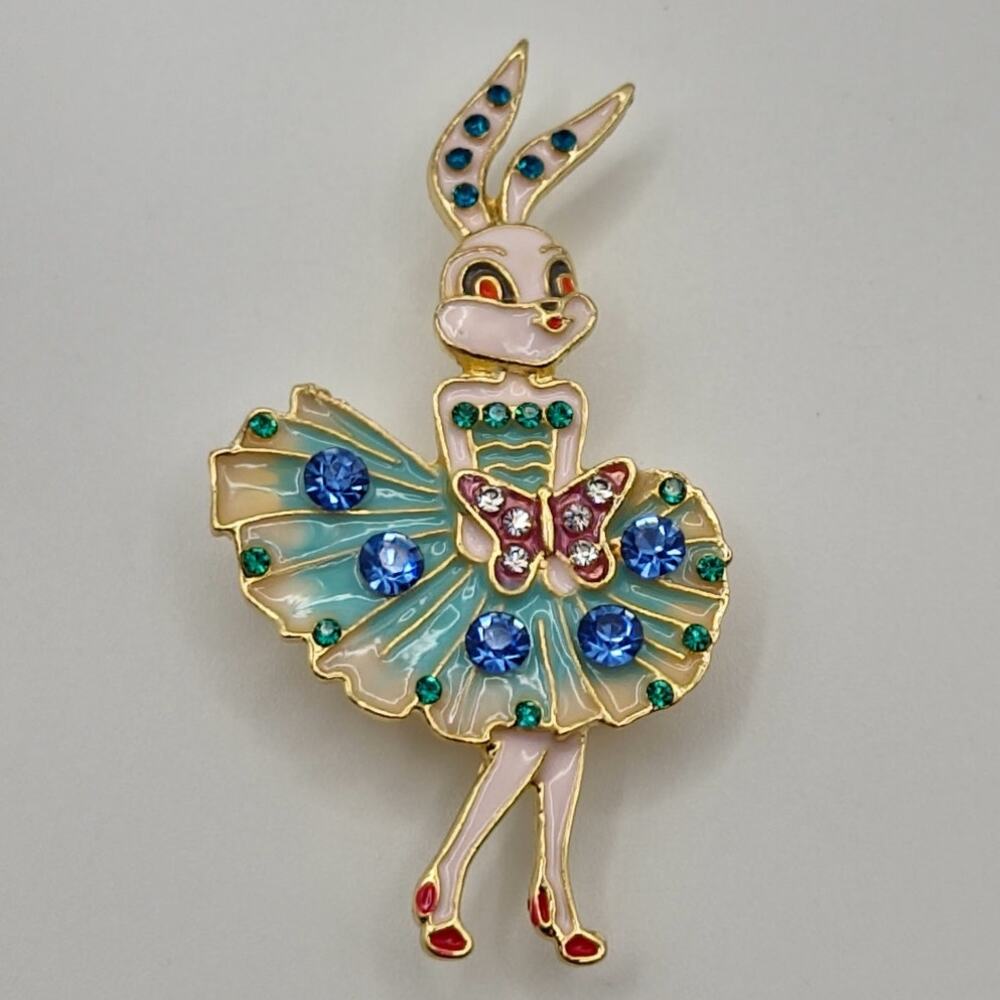 Quirky White Rabbit Brooch Enamel W / Rhinestone Accents Gold Tone Metal